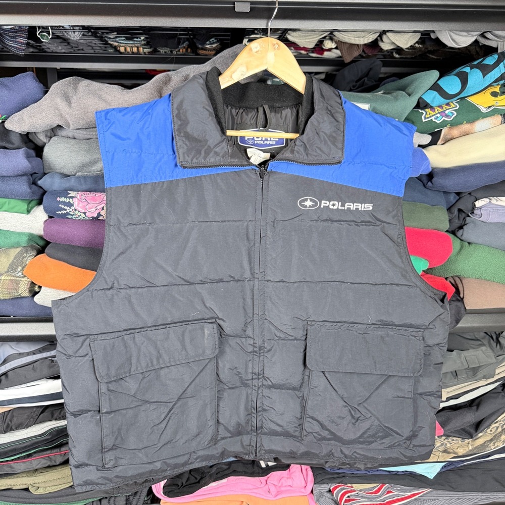 Pure Polaris Mens‎ XL Black Blue Down Filled Puffer Vest snowmobile